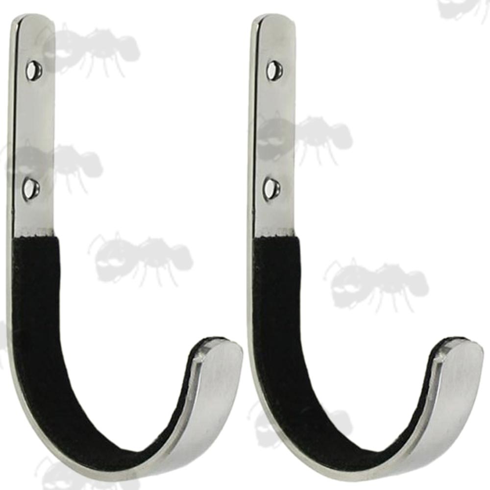Pair Of Silver Metal J Shaped Gun Display Wall Mounted Hooks With Padded Section