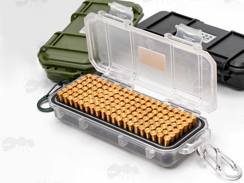 Open View of The Clear Hard Plastic Gun Ammo Case with Loading Insert Tray, SHown with 140 x .22SR / .22LR Calibre Cartridges
