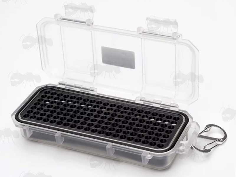 Open View of The Clear Hard Plastic Gun Ammo Case with Loading Insert Tray for 140 x .22SR / .22LR Calibre Cartridges