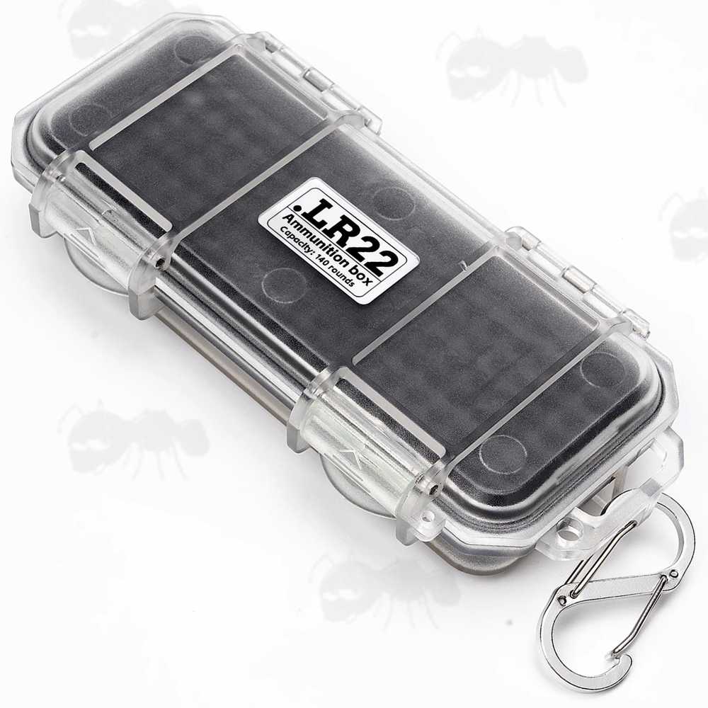 Closed View of The Clear Hard Plastic Gun Ammo Case with Loading Insert Tray for 140 x .22SR / .22LR Calibre Cartridges