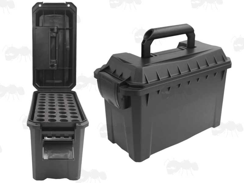 Open and Closed View of The Black Hard Plastic Gun Ammo Case with Loading Insert Trays for Seventy-Two 10/12/20 Gauge Shotgun Cartridges