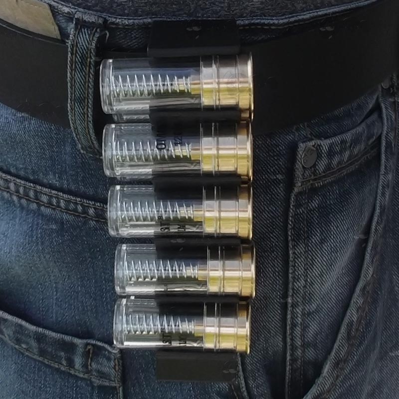 Black Hard Plastic Cartridge Holder With 10 x Twelve Gauge Evo Shotgun Snap Caps, Fitting To Trouser Belt