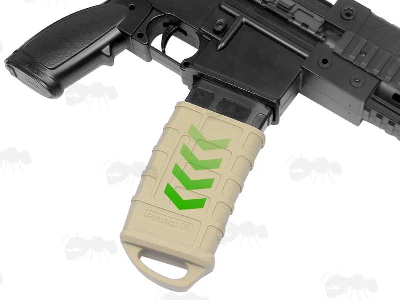 P-Mag Khaki Rubber Sleeve with Pull Grip Base, Shown Fitting to Mag on Rifle