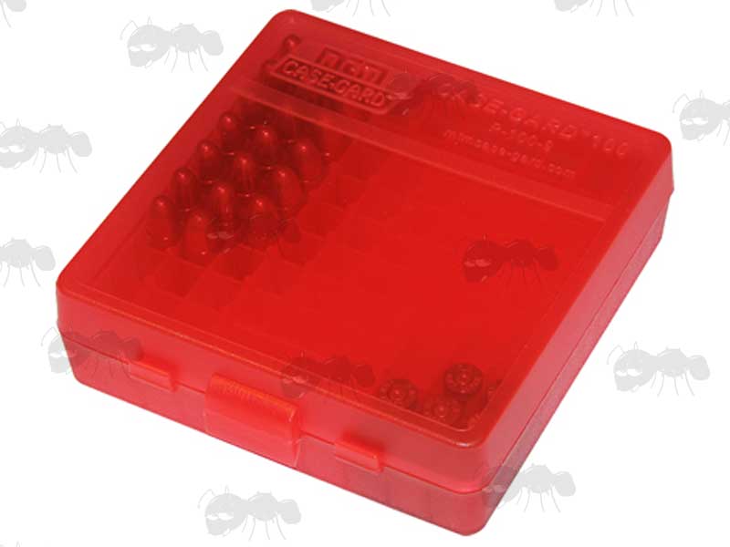 Closed View Of The MTM P-100 Hard Clear Red Plastic Ammo Box for .22 and 17 HMR Caliber Rounds