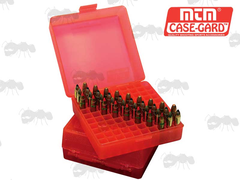 Open View Of The MTM P-100 Hard Clear Red Plastic Ammo Box for .22 and 17 HMR Caliber Rounds