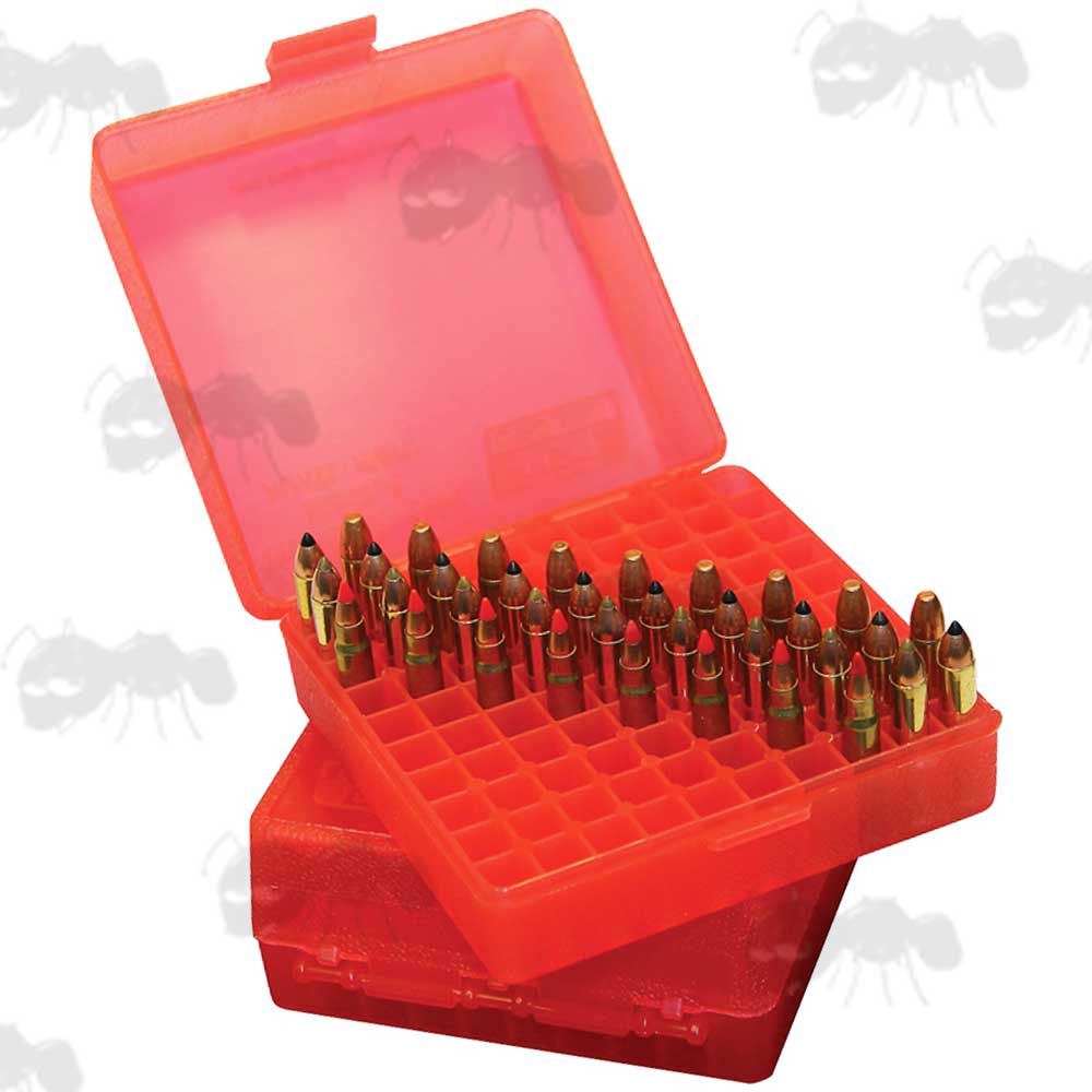 MTM P-100 Hard Clear Red Plastic Ammo Box for .22 and 17 HMR Caliber Rounds