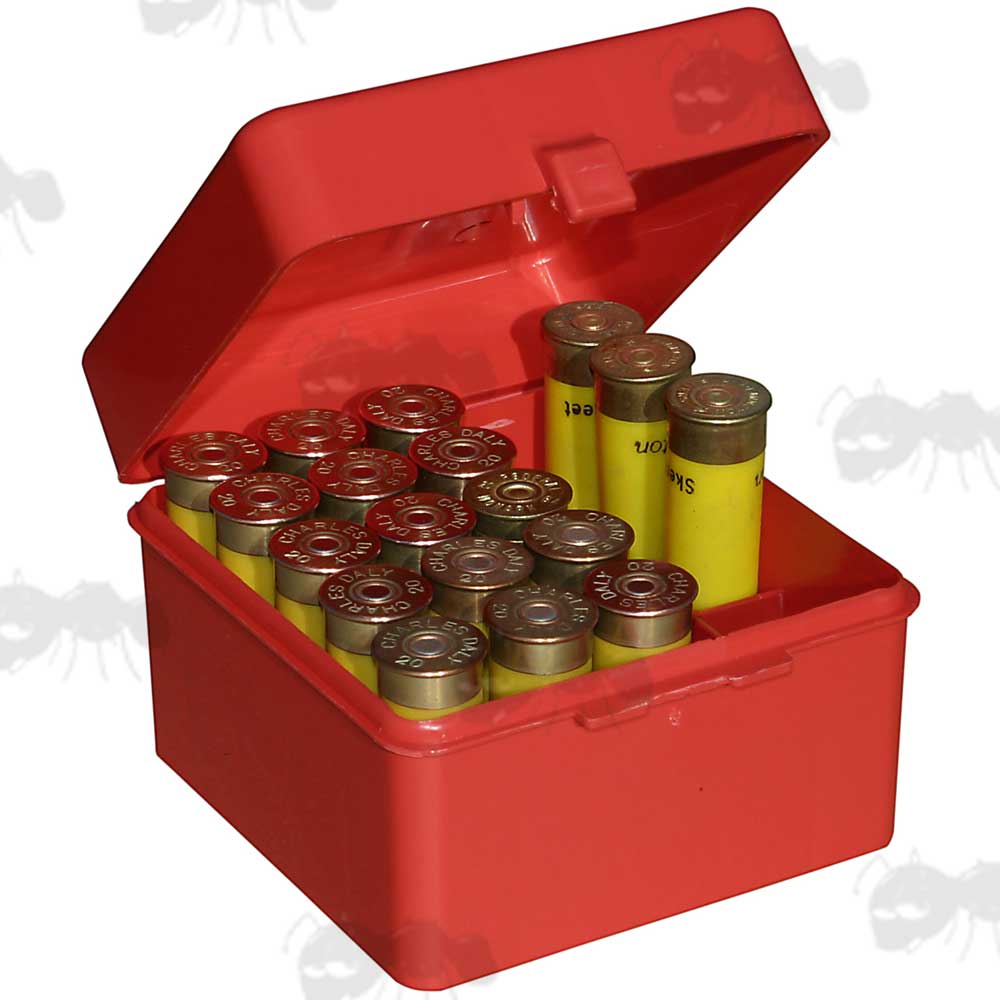 Red Plastic Shotgun Cartridge Box Showing 18 x 20g Shells
