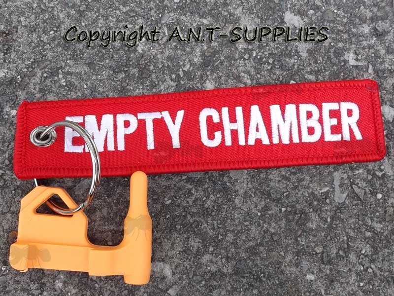 Orange Plastic Empty Gun Chamber Safety Plug Tool Fitted with Red Canvas Flag Keychain with White Embroidered Empty Chamber Text
