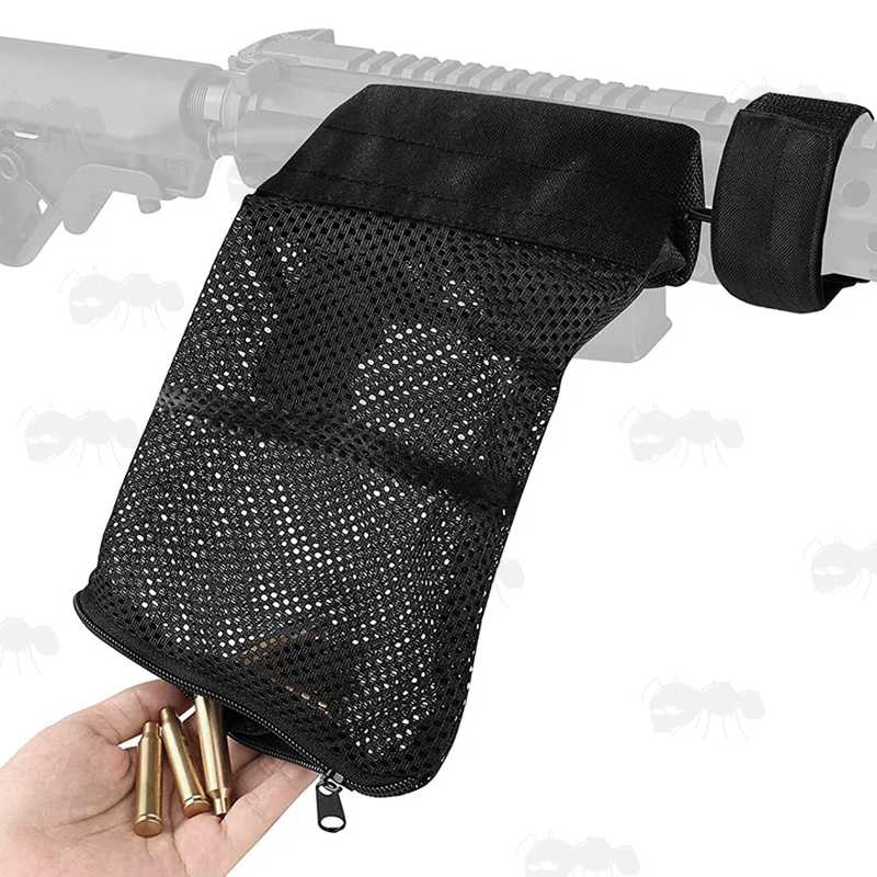 Rifle Brass Catching Net with Velcro Loop, Shown Being Emptied