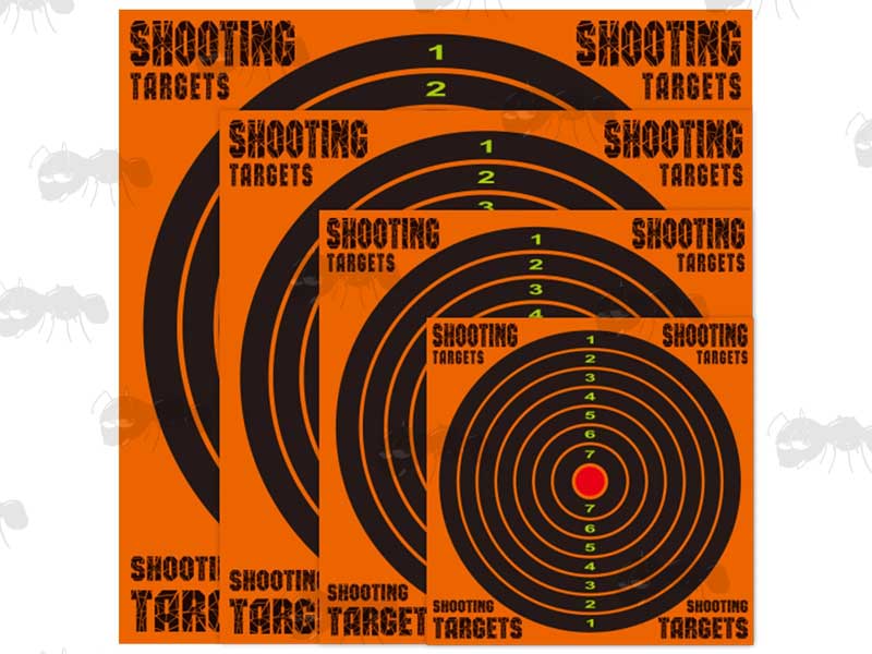 One 6, 8, 10 and 12 Inch Square Self Adhesive Reactive Orange and Black Paper Shooting Targets with Full Circle Bullseye