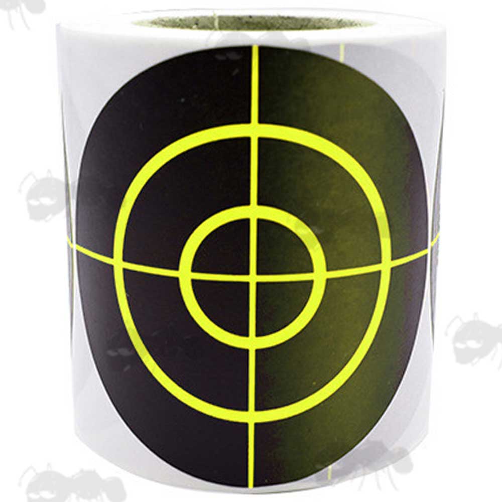 Roll of 200 Circular Self Adhesive Reactive Black and Yellow Crosshair Paper Shooting Target with Full Circle Bullseye