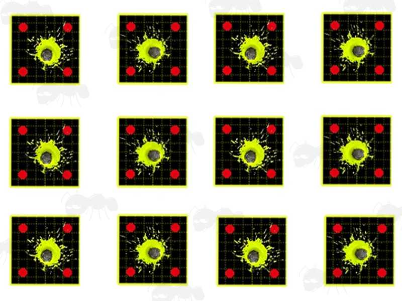 Twelve Square Self Adhesive Reactive Yellow Grid on Black Paper Shooting Target with Five Red Full Circle Bullseyes