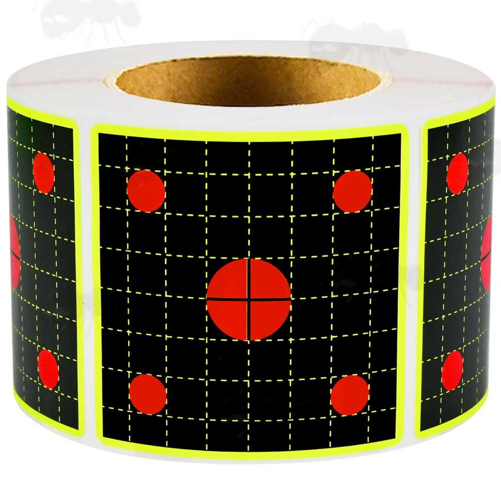 Roll of 200 Square Self Adhesive Reactive Yellow Grid on Black Paper Shooting Target with Five Red Full Circle Bullseyes