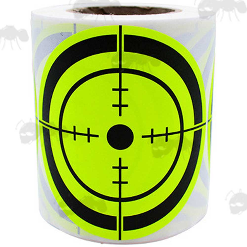 Roll of 200 Circular Self Adhesive Reactive Yellow and Black Crosshair Paper Shooting Target with Full Circle Bullseye