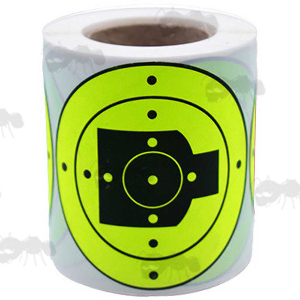 Roll of 200 Circular Self Adhesive Reactive Yellow and Black Silhouette Paper Shooting Target with Full Circle Bullseye