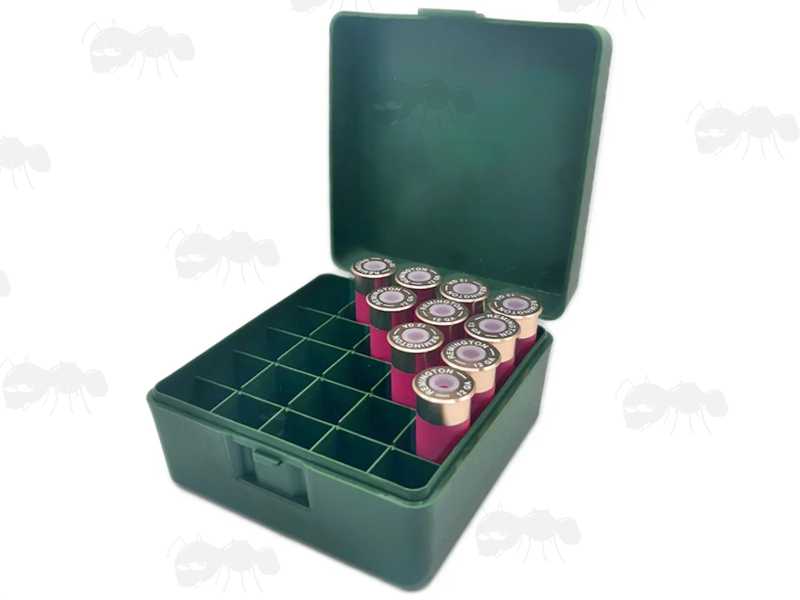 Green Plastic Shotgun Cartridge Box for 25 x 12g Shells, Shown with 10 Cartridges Inside