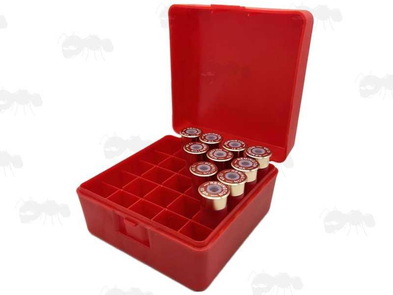 Bright Red Plastic Shotgun Cartridge Box for 25 x 12g Shells, Shown with 10 Cartridges Inside