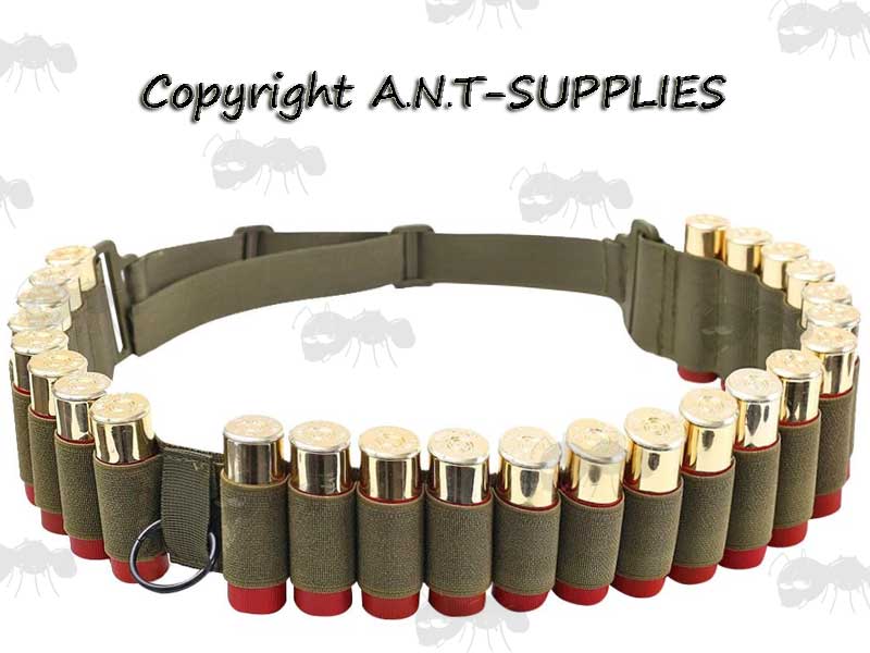 Green Shotgun Belt With 25 Loops of 12 Gauge Cartridges, Can Also Be Used As A Sling or Bandolier