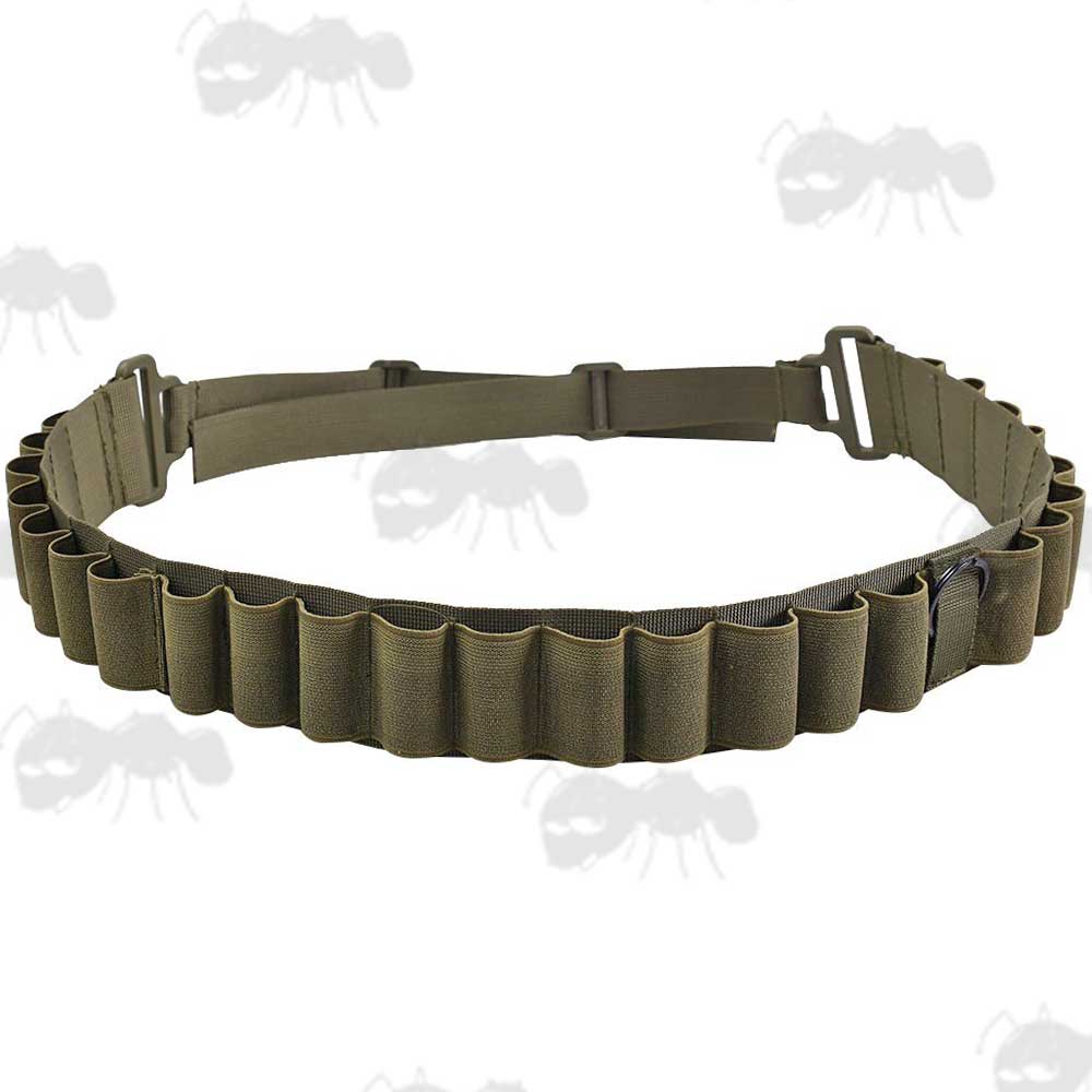 Green Shotgun Belt With 25 Loops for 12 and 20 Gauge Cartridges, Can Be Used As A Sling or Bandolier
