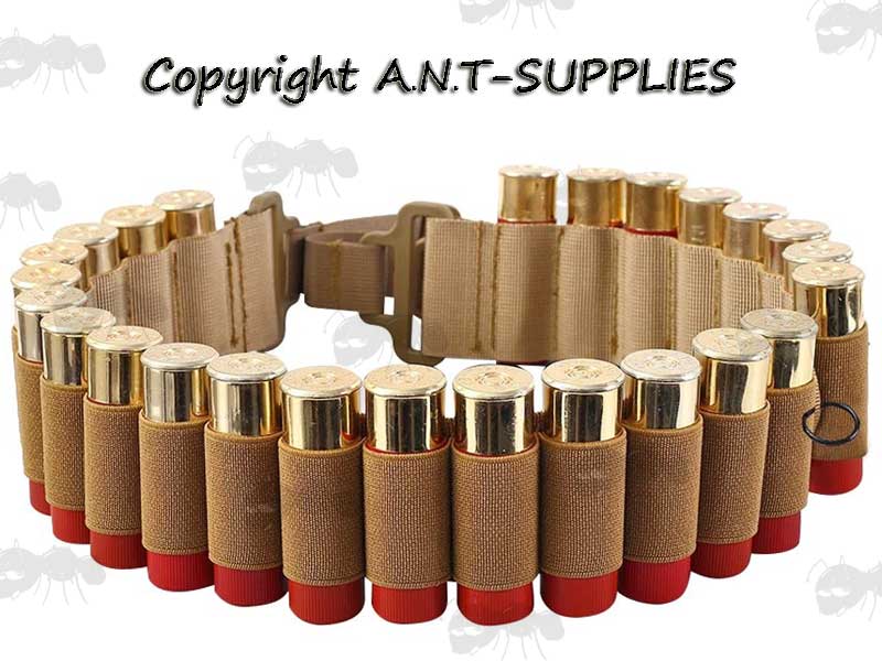 Tan Shotgun Belt With 25 Loops of 12 Gauge Cartridges, Can Also Be Used As A Sling or Bandolier