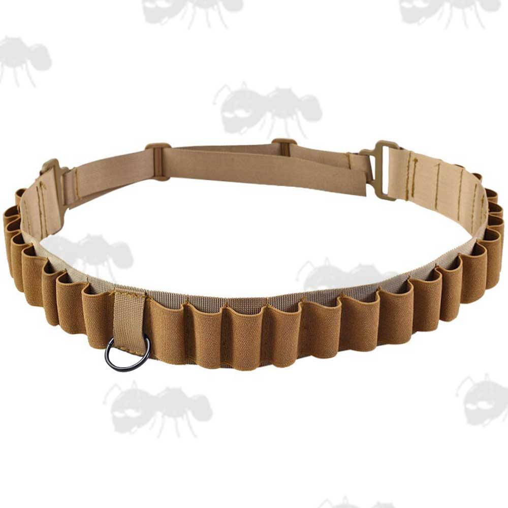 Tan Shotgun Belt With 25 Loops for 12 and 20 Gauge Cartridges, Can Be Used As A Sling or Bandolier