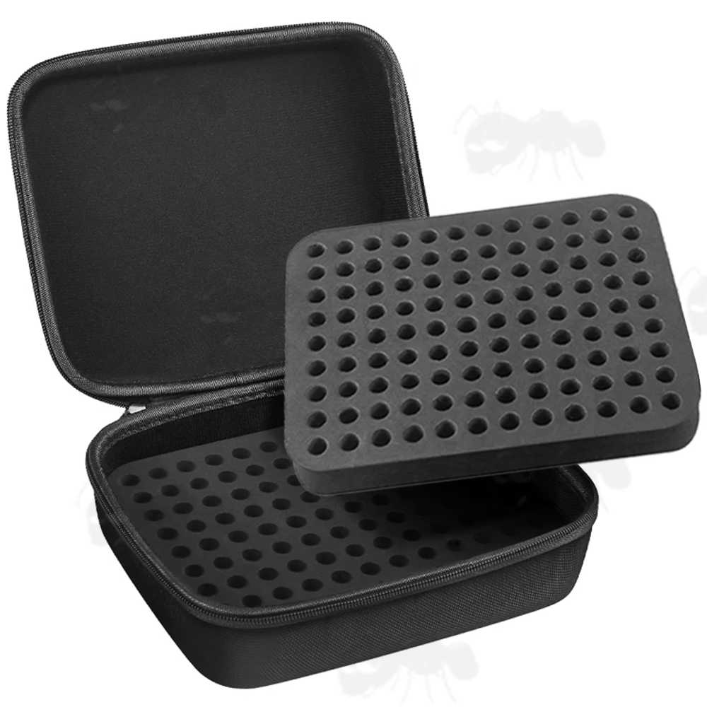 Open View of The Black Canvas Gun Ammo Case with Two Foam Insert Trays for 216 x 9mm Calibre Cartridges