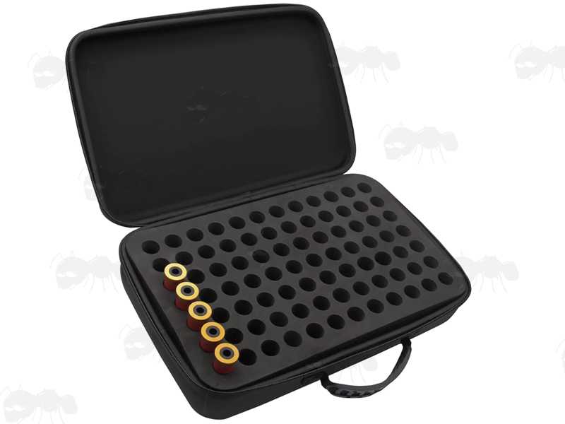 Open View of The Black Canvas Gun Ammo Case with Foam Insert Tray for Eighty-Four 10/12/16 Gauge Shotgun Cartridges