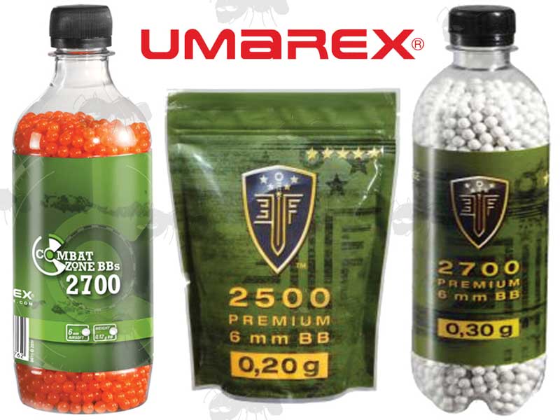 Range of Umarex 6mm Airsoft BBs in Bottles and Bags