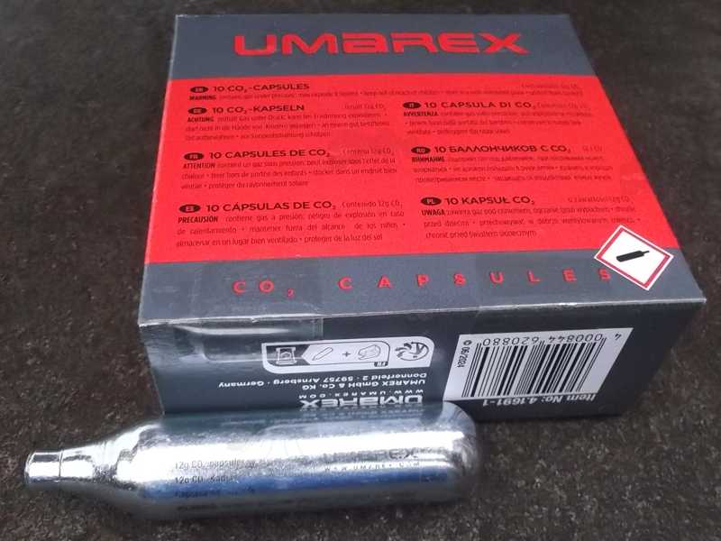 Back of the Packaging View of The Ten Umarex 12g Co2 Gas Capsules In Retail Box Packaging