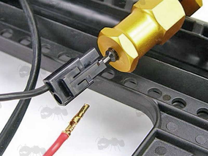Large Yellow Aluminium Tamiya Battery Pin Connector / Removal Tool in Use