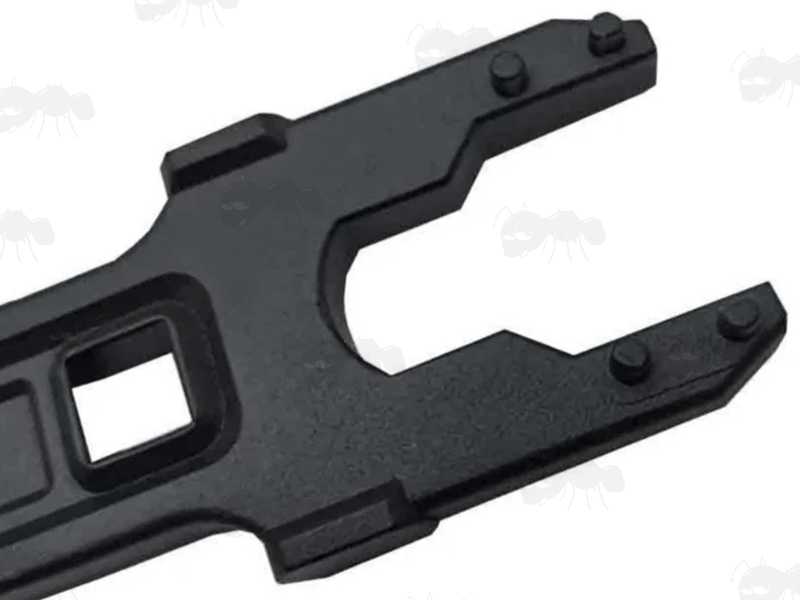 Close-Up View of The Prongs on The Black Powder Coated Steel M4 Rifle Series Buttstock / Delta Ring Wrench, Iota