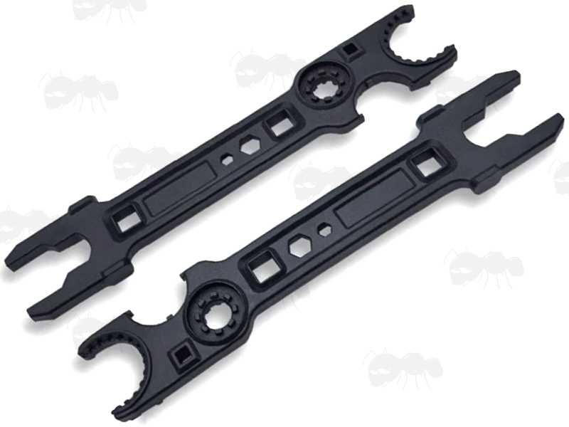 Front and Back Views of The Black Powder Coated Steel M4 Rifle Series Buttstock / Delta Ring Wrench, Iota