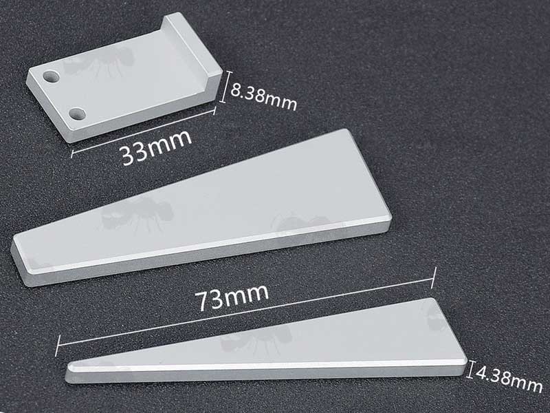 Dismantled Silver Coloured Three Piece Scope Leveler Wedge Set with Measurments Shown