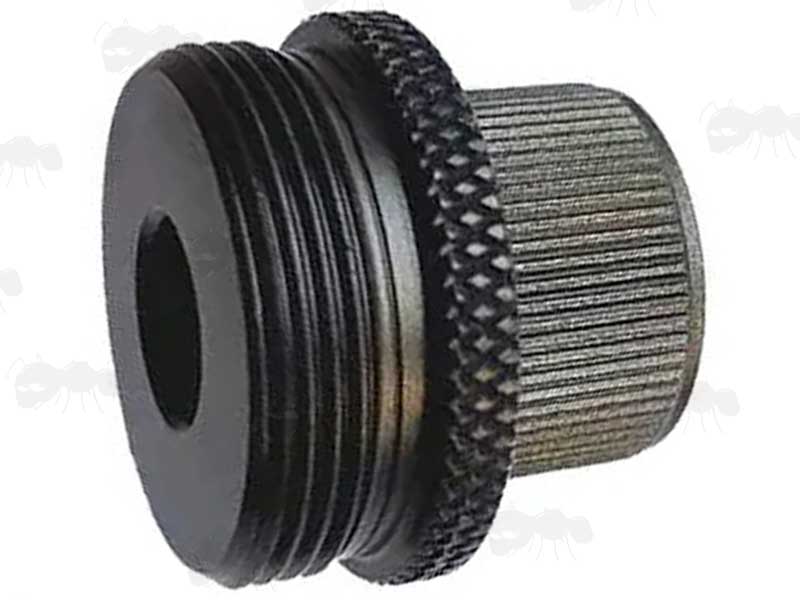 Inner Thread View of The Black Anodised Alloy M22x1 To 1/2x20 TPI Threaded Muzzle Adapter