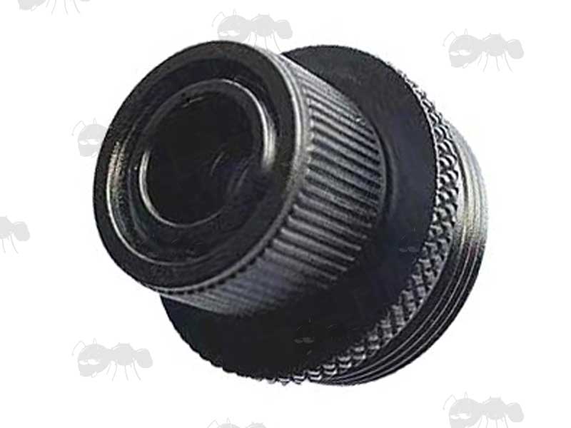 Black Anodised Alloy M22x1 To 1/2x20 TPI Threaded Muzzle Adapter with Thread guard Fitted