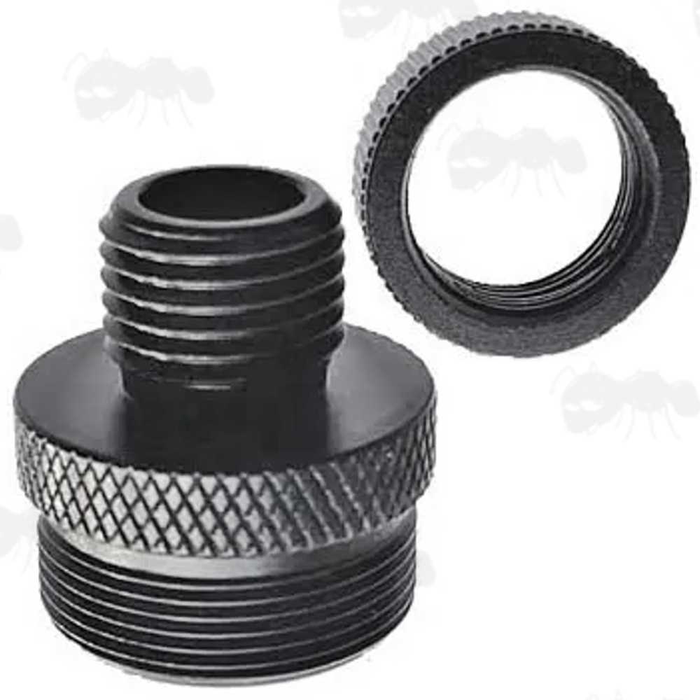Black Anodised Alloy 13/16-28 Threaded Muzzle to 1/2x20 TPI Silencer Adapter with Thread Guard