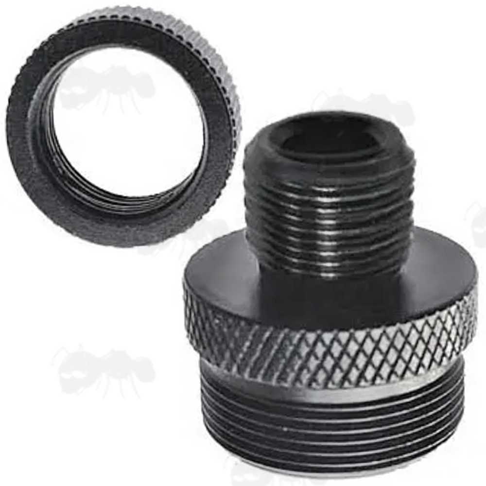 Black Anodised Alloy 13/16-28 Threaded Muzzle to 1/2x28 TPI Silencer Adapter with Thread Guard