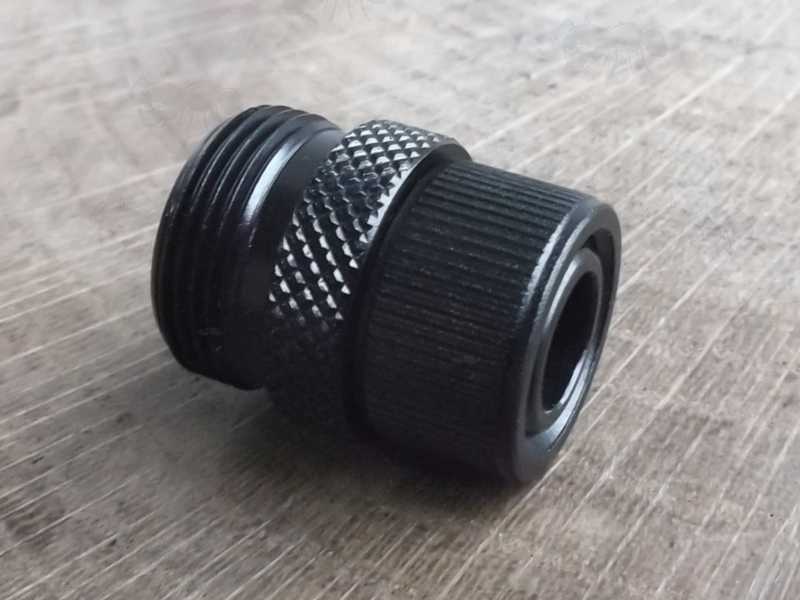 Black Anodised Alloy 11/16-24 Threaded Muzzle to 1/2x20 TPI Silencer Adapter with Thread Guard Fitted