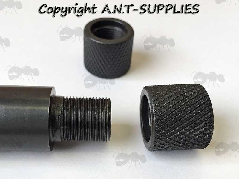 Two Steel Rifle Muzzle Thread Guards with 1/2-28 Threaded Barrel