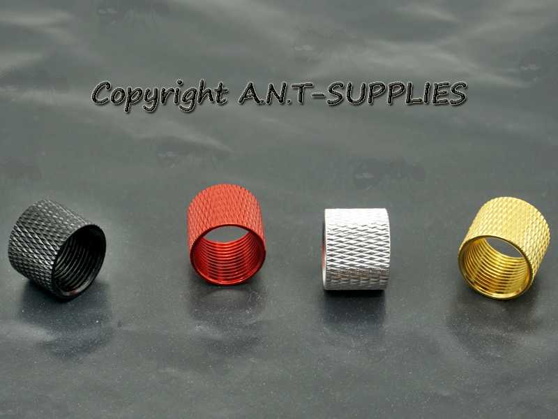 Black, Red, Silver and Gold Colour Anodised Finished Aluminium Thread Protectors for 14mm Counter-Clockwise Pistol Barrel Threads