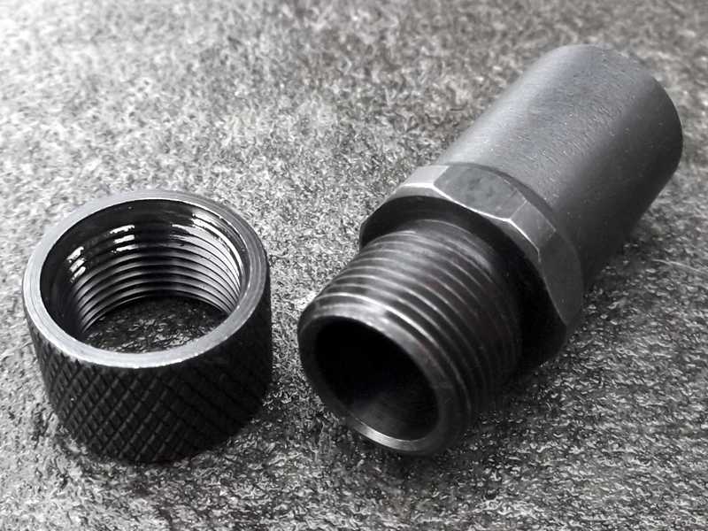 M9 x .75 to 1/2-28 American Thread Silencer Adapter with Thread Guard Shown Removed