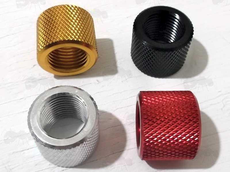 Four Aluminium Thread Protectors for 1/2x20 UNF Air Rifle Barrel Silencer Threads, In Black, Silver, Red and Gold Anodised Finishes