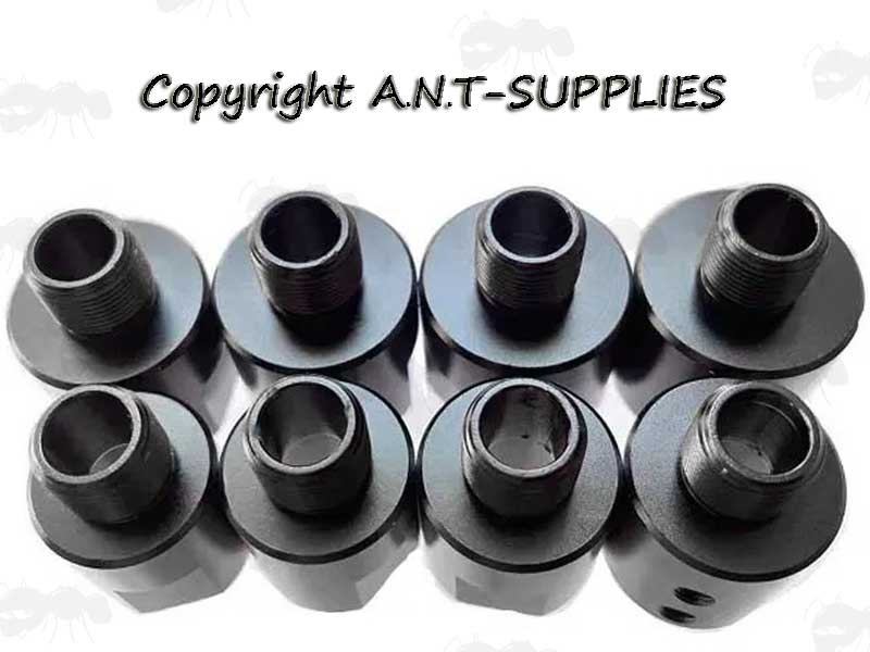Thread End View of Eight Assorted Diameter Heavy-Duty M14 CW and M14 CCW Thread Adapters for Un-Threaded Rifle Barrel Muzzles