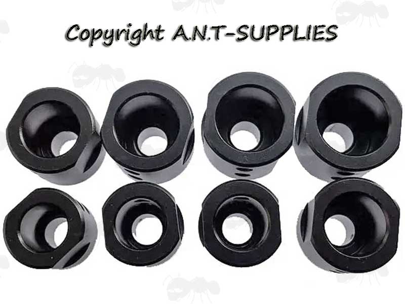 Non-Threaded Internal View of Eight Assorted Diameter Heavy-Duty M14 CW and M14 CCW Thread Adapters for Un-Threaded Rifle Barrel Muzzles
