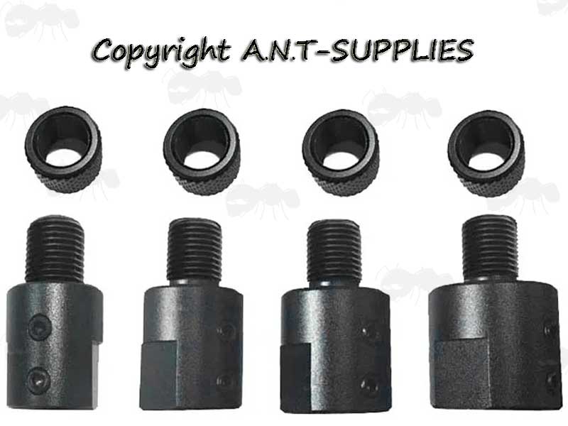 Four Assorted Diameter Heavy-Duty M14 CW and M14 CCW Thread Adapters for Un-Threaded Rifle Barrel Muzzles with Thread Guards