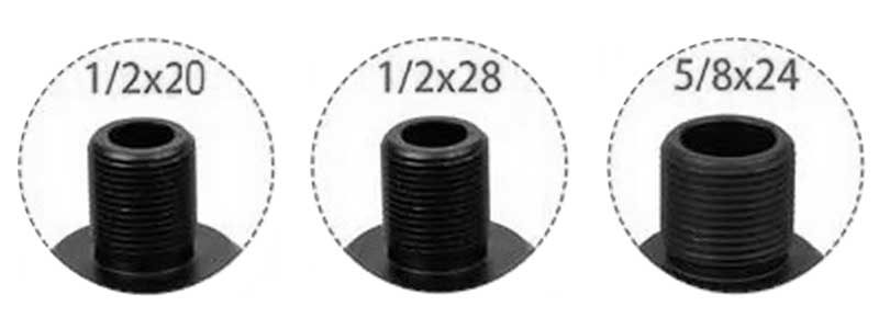 1/2-20, 1/2-28, and 5/8-24 American Thread Types on The Slip-On Silencer Adapter Ruger 10/22 Rifles