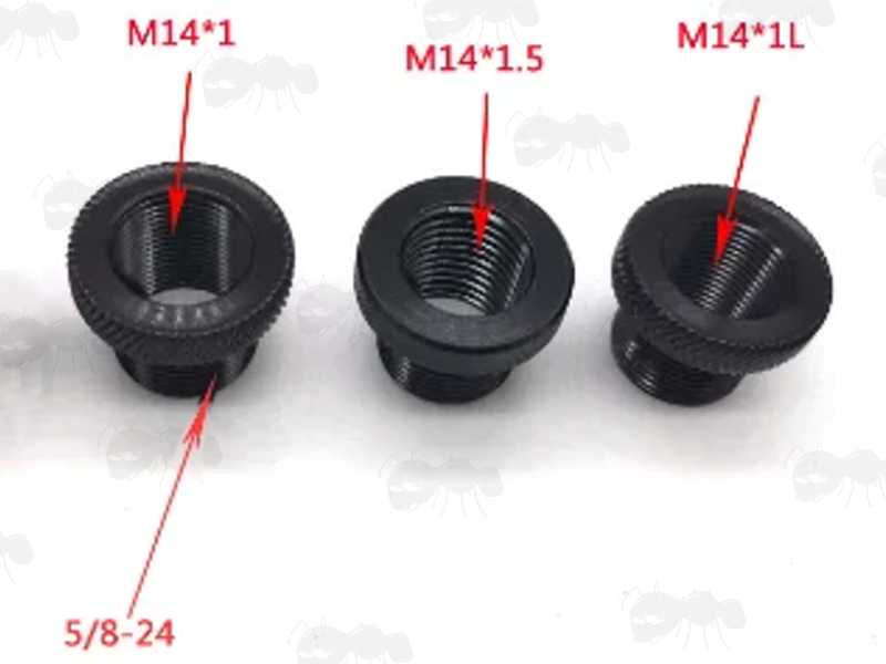 Assortment of Three M14x1LH / M14x1RH / M14x1.5RH Thread to 5/8x24 Rifle Silencer Adapters