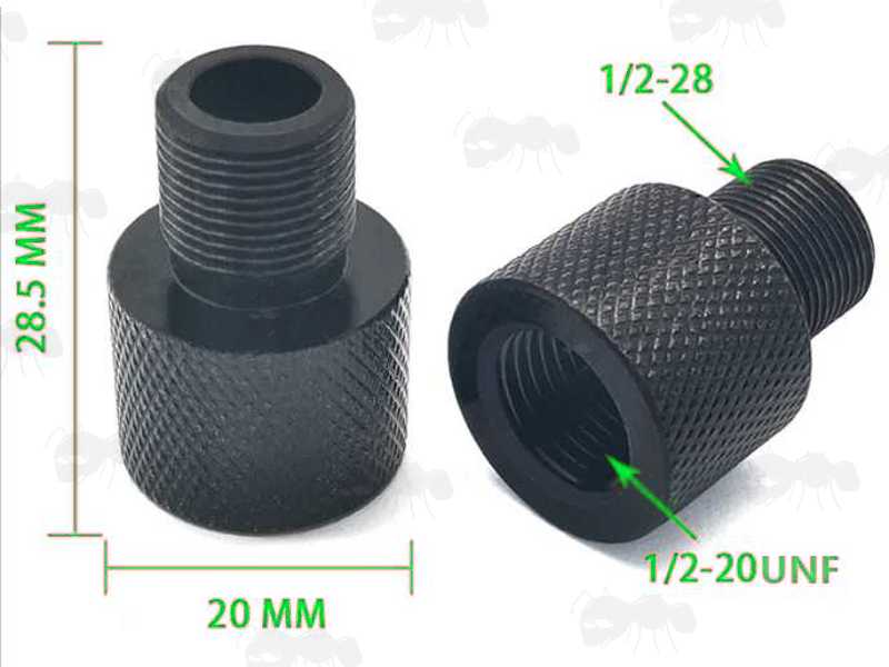 Dimensions and Thread Views of The Black Steel 1/2x20 TPI - 1/2x28 TPI Threaded Muzzle Adapter
