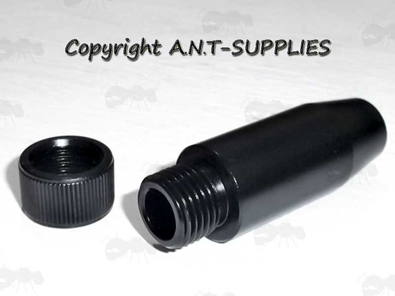 Black Anodised Alloy Threaded Muzzle Silencer Adapter for Crosman 2240 1377 1322 Air Pistols, Shown with Thread Guard Removed