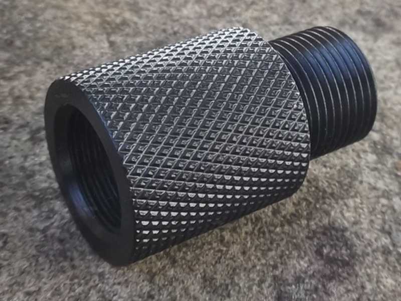 Male Thread End View of The Black Anodised Alloy M14x1 Left Hand Thread To 1/2x28 TPI Threaded Muzzle Adapter